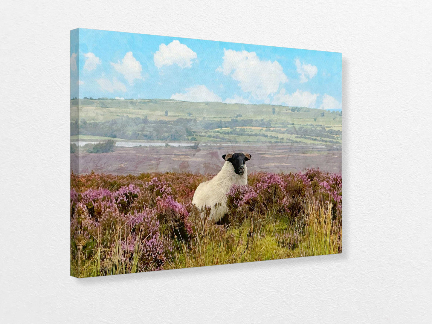 Sheep in a field with purple flowers and a mountainous landscape on a canvas print.