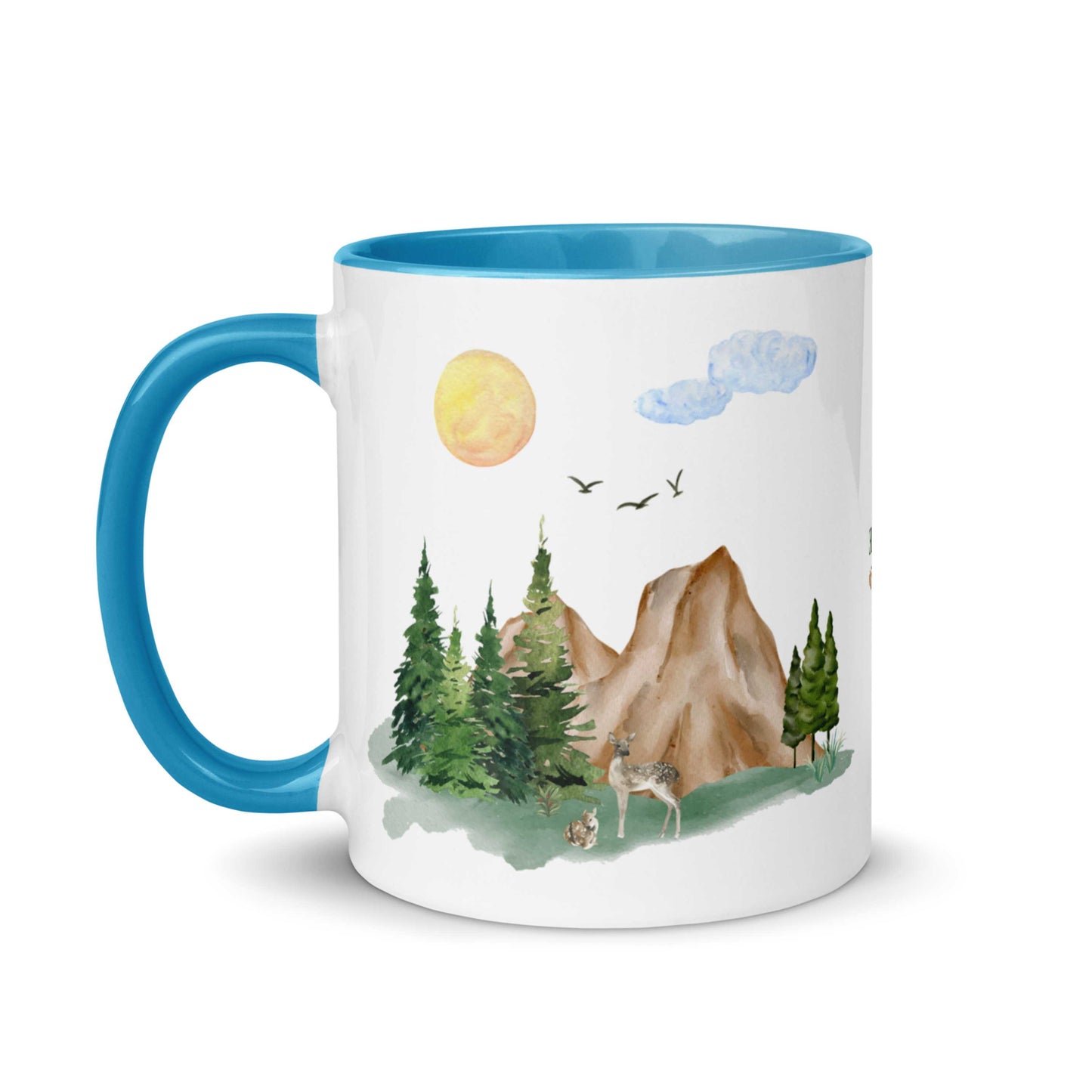 Ceramic Mug featuring a nature scene with trees, mountains, and a deer.