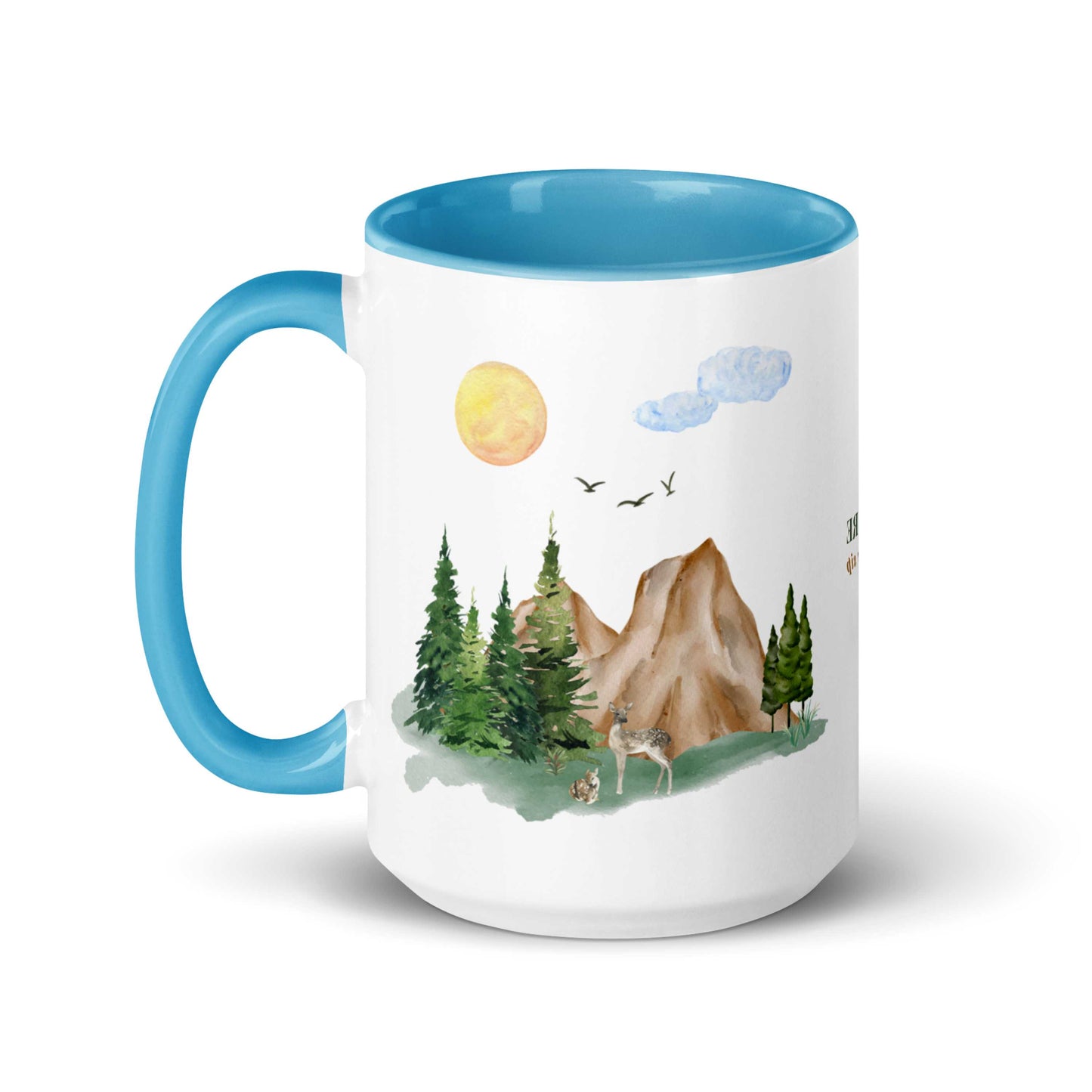 Ceramic Mug featuring a nature scene with trees, mountains, and a deer.