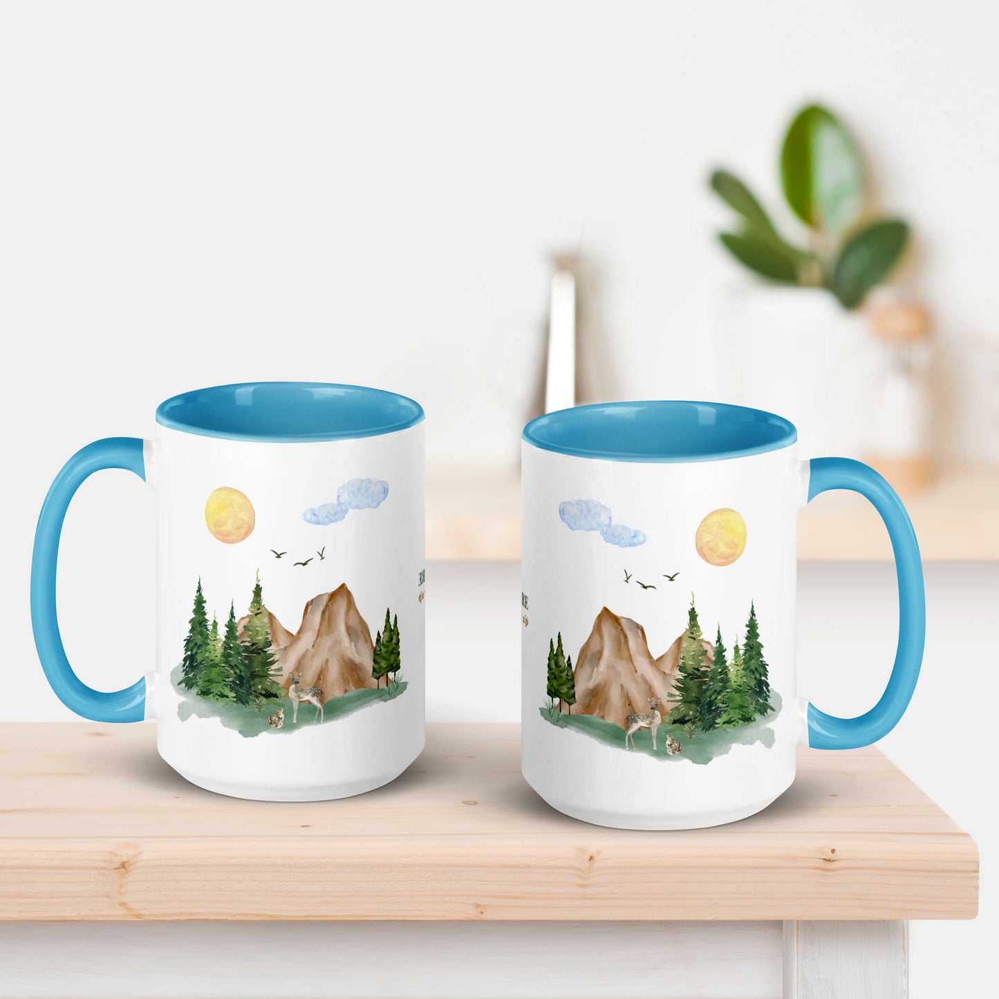 Ceramic Mug featuring a nature scene with trees, mountains, and a deer.