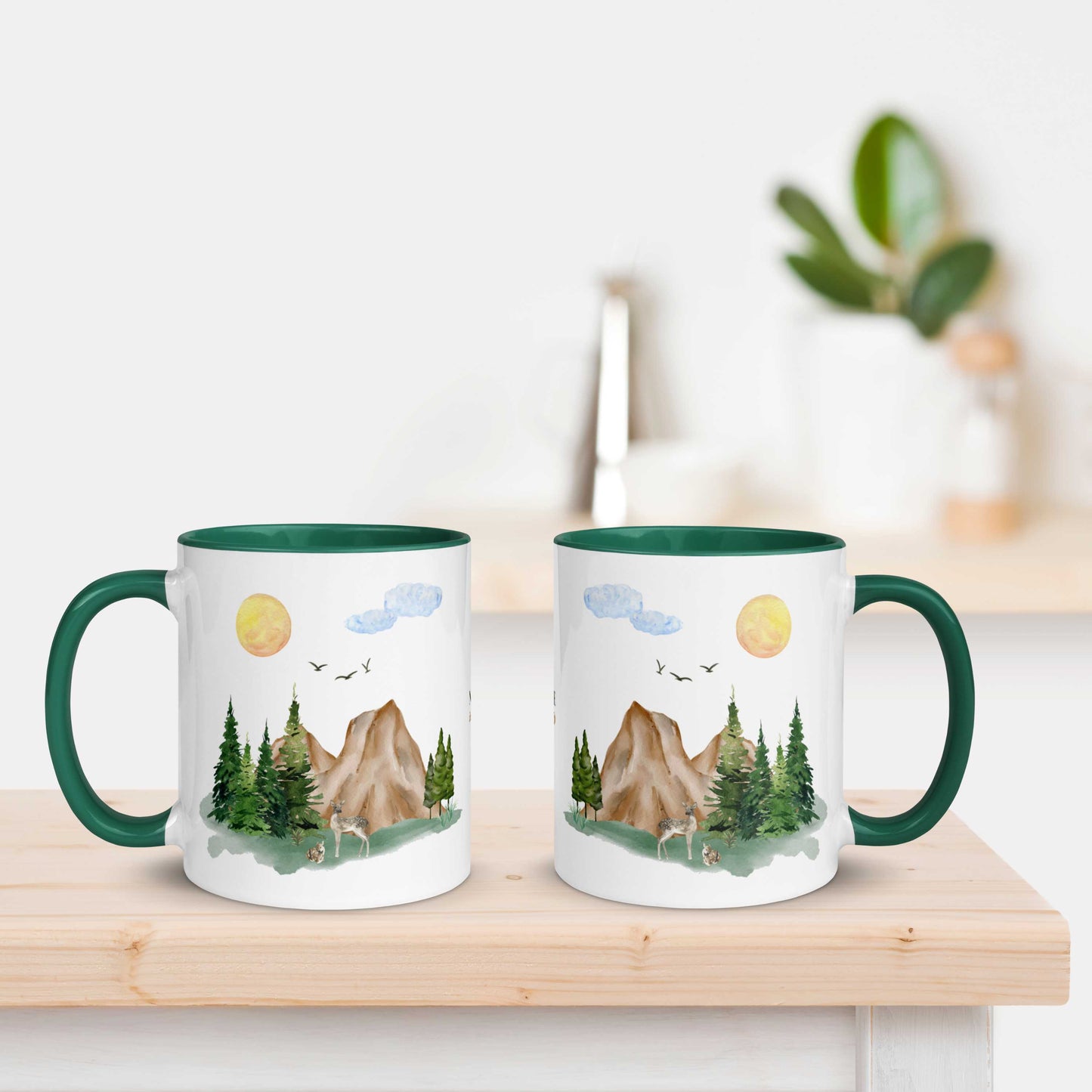 Ceramic Mug featuring a nature scene with trees, mountains, and a deer.
