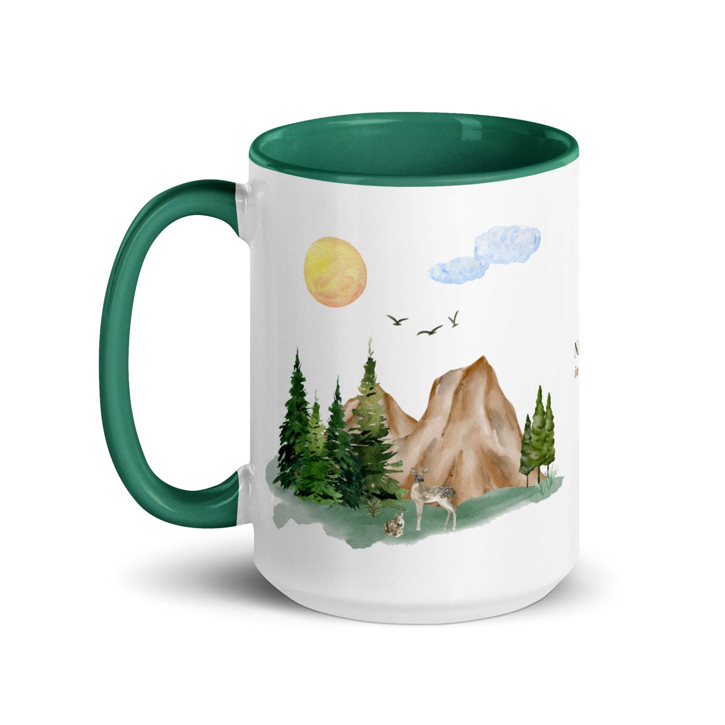 Ceramic Mug featuring a nature scene with trees, mountains, and a deer.