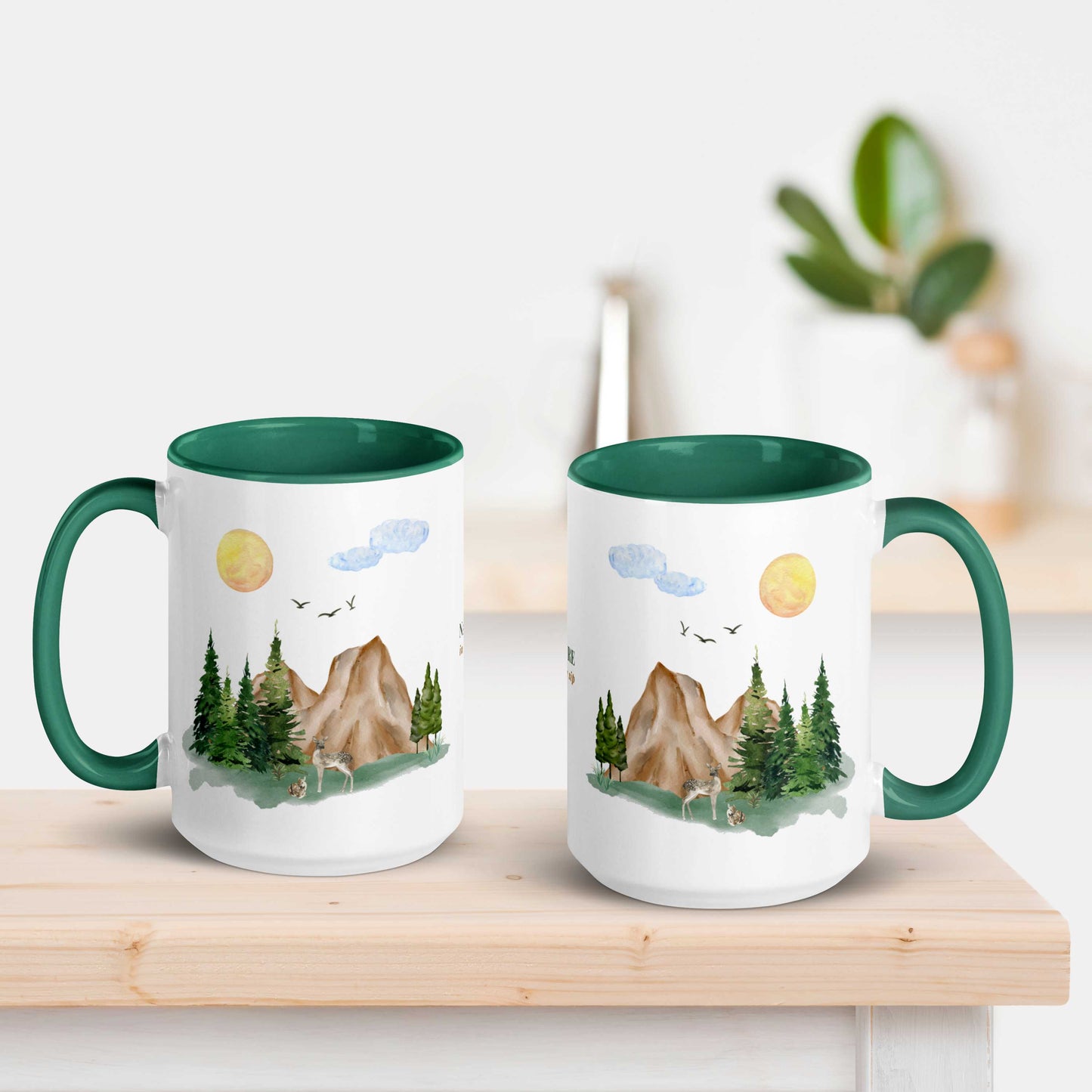 Ceramic Mug featuring a nature scene with trees, mountains, and a deer.