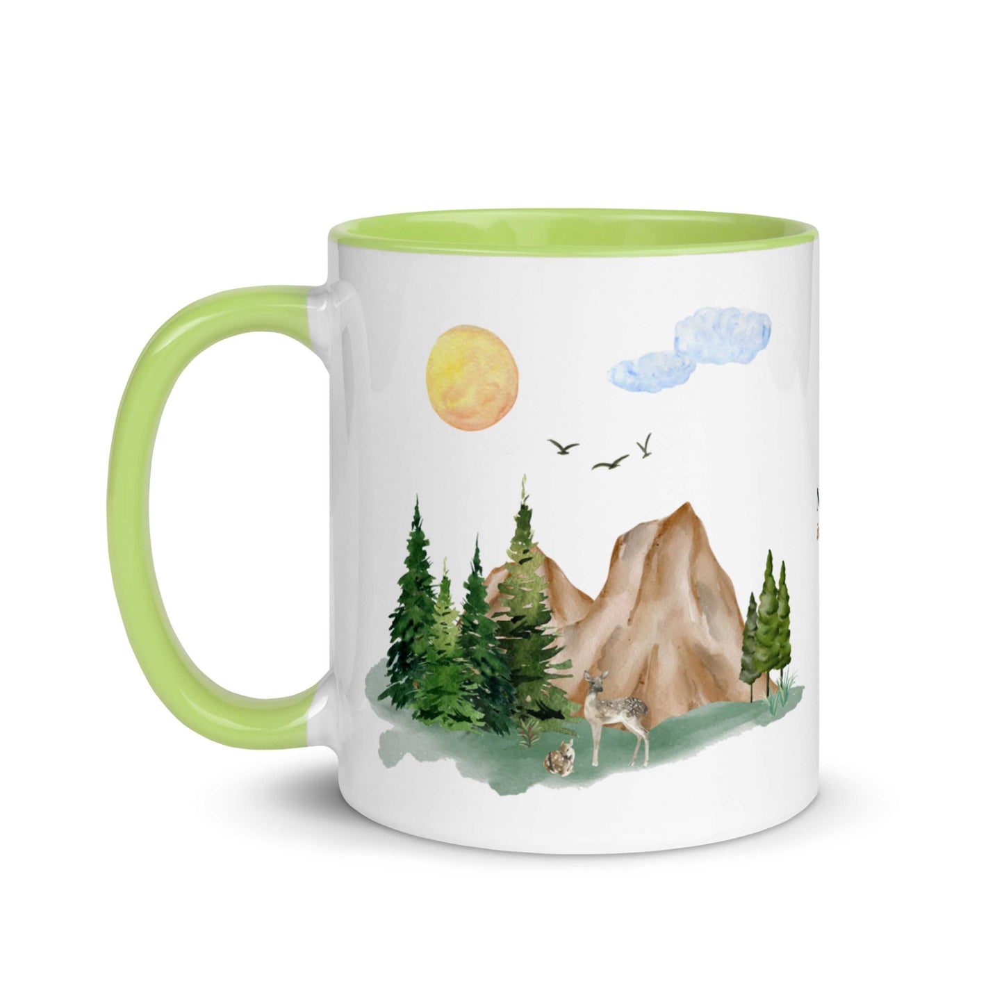 Ceramic Mug featuring a nature scene with trees, mountains, and a deer.