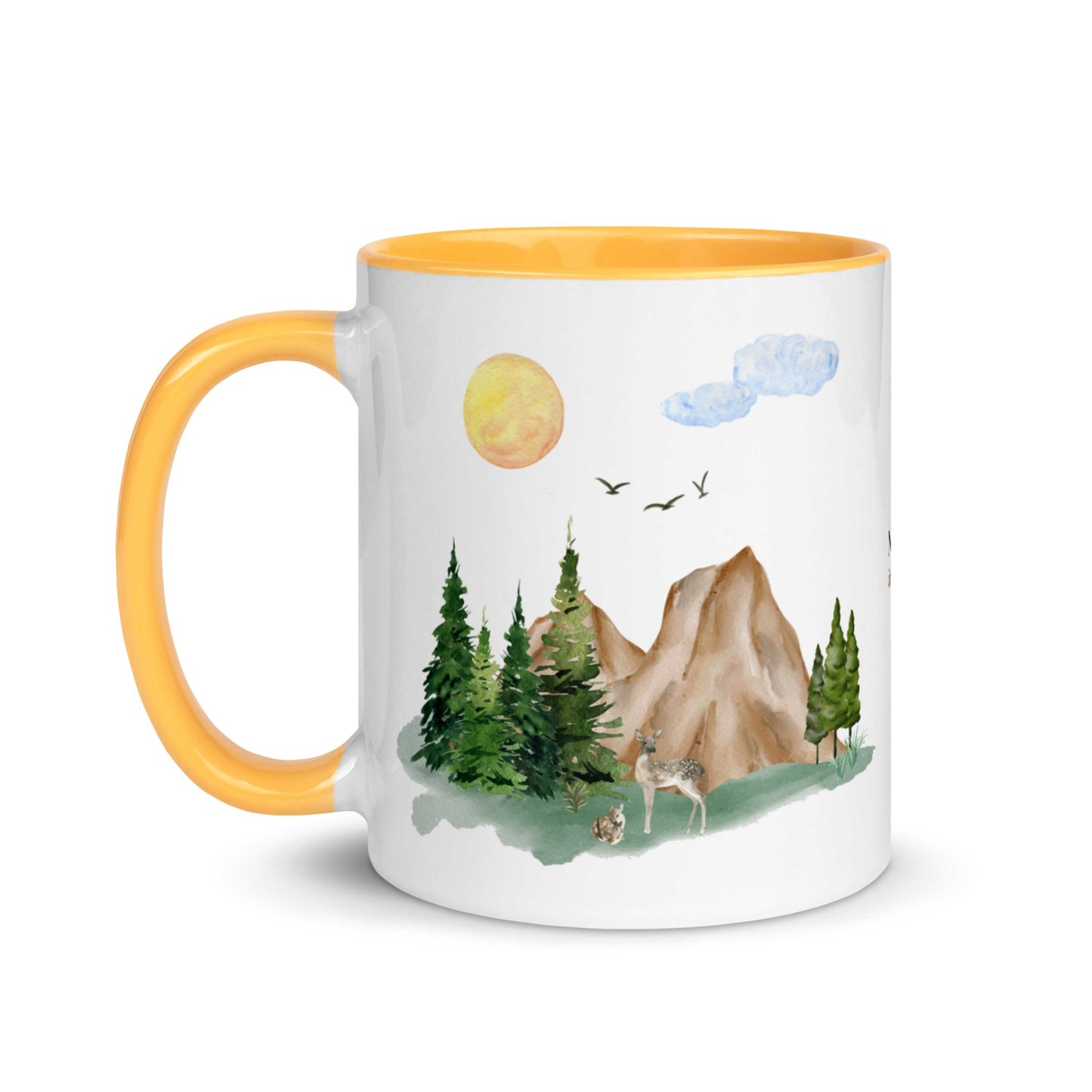 Ceramic Mug featuring a nature scene with trees, mountains, and a deer.