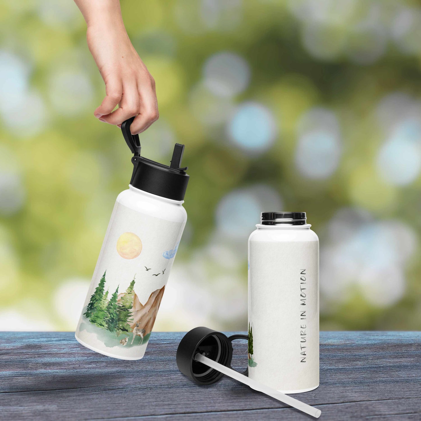 NATURE IN MOTION Stainless Steel Water Bottle with Straw Lid