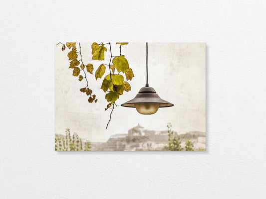 Light bulb hanging above with a view of Porto  in the background, featuring trees and buildings.