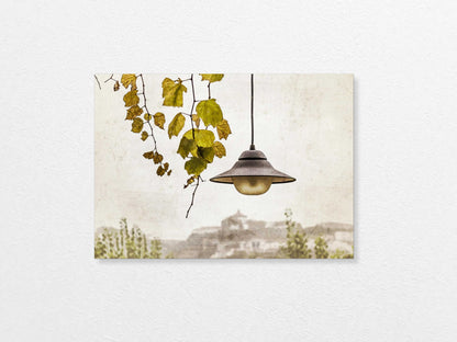 Light bulb hanging above with a view of Porto  in the background, featuring trees and buildings.