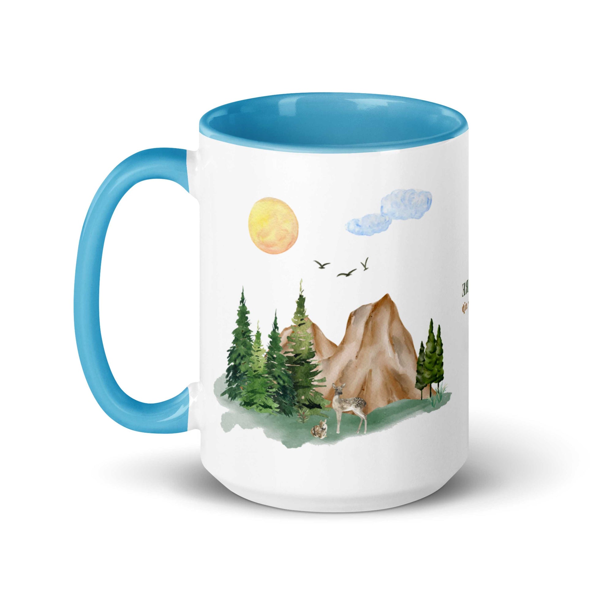Ceramic Mug featuring a nature scene with trees, mountains, and a deer.