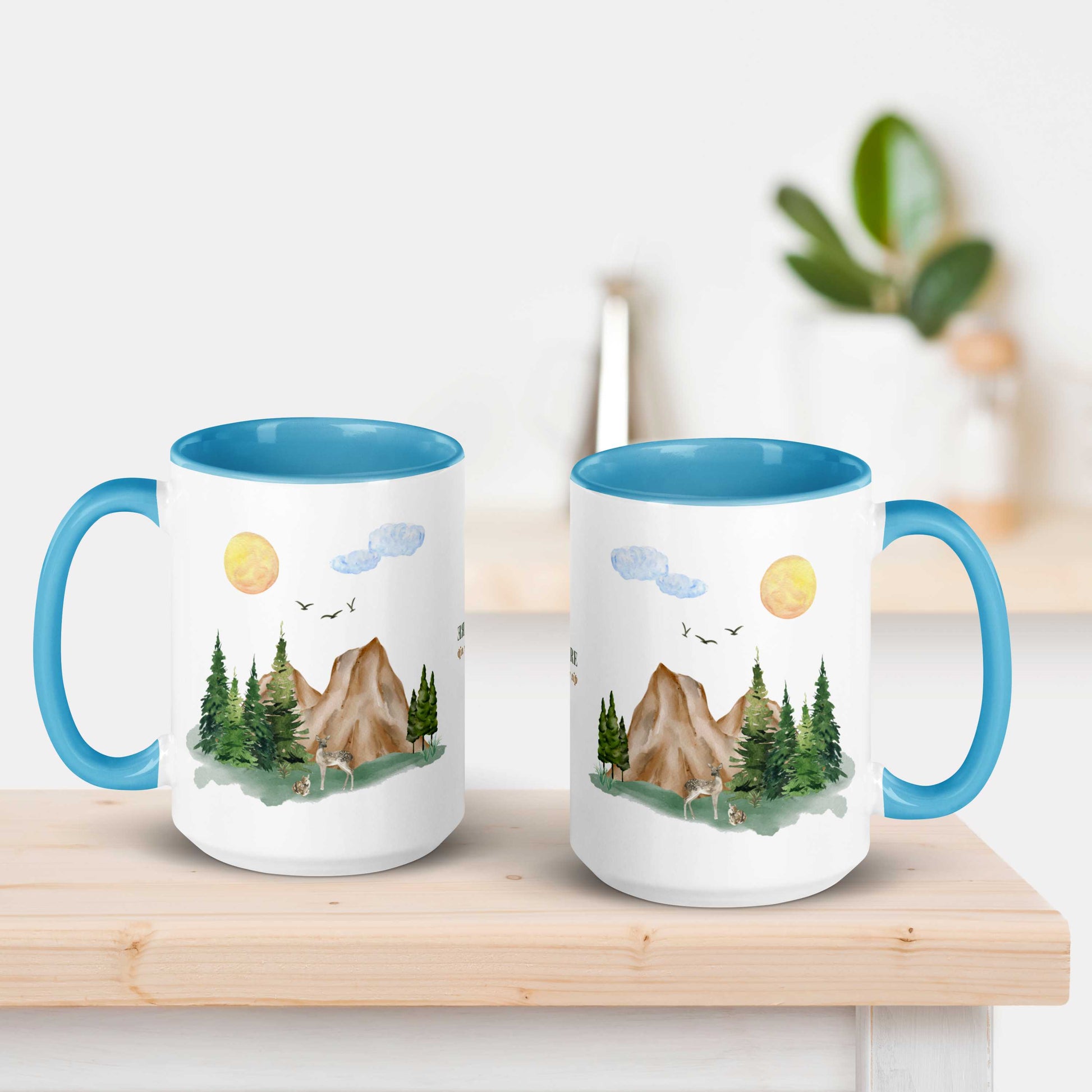 Ceramic Mug featuring a nature scene with trees, mountains, and a deer.