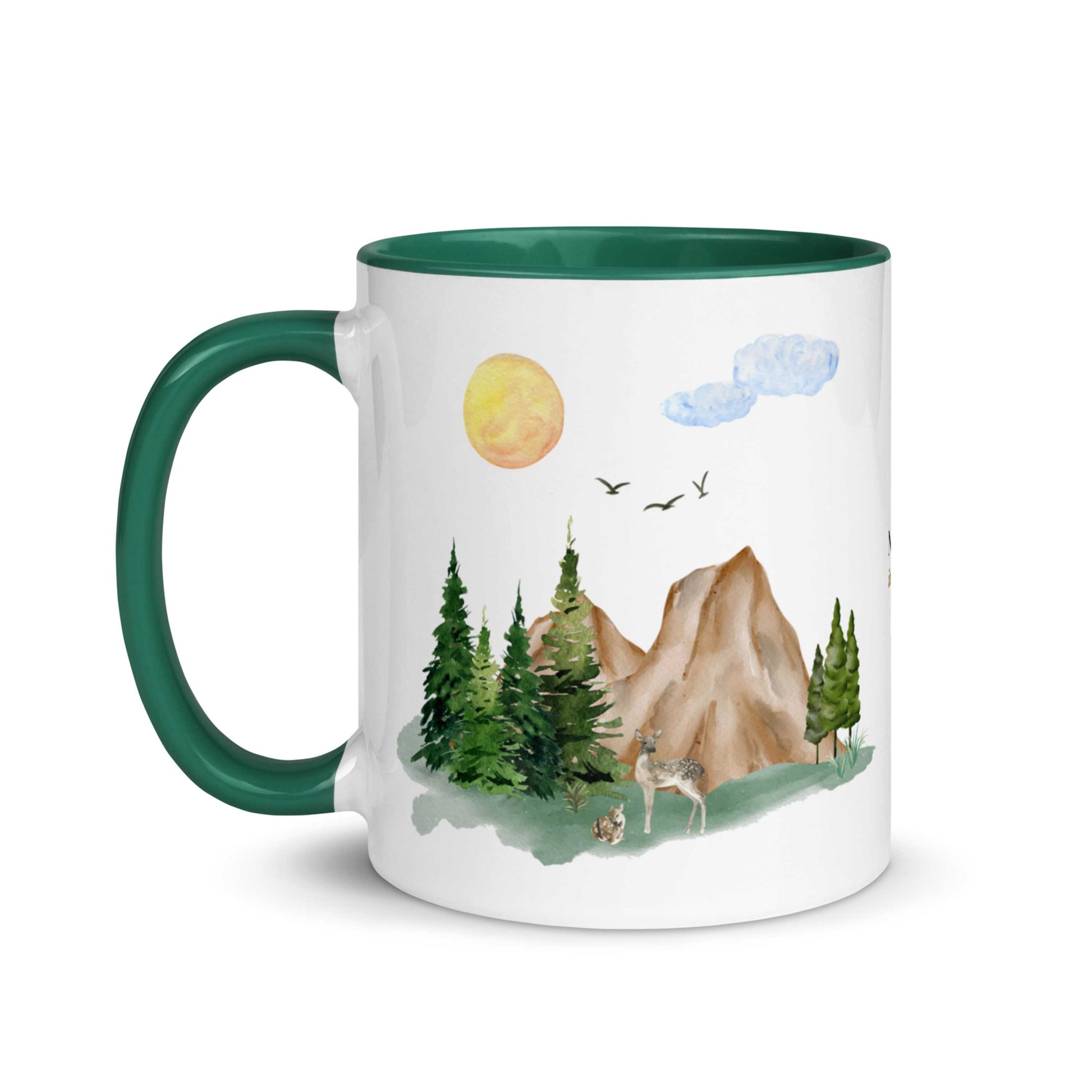 Ceramic Mug featuring a nature scene with trees, mountains, and a deer.
