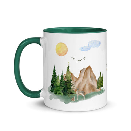 Ceramic Mug featuring a nature scene with trees, mountains, and a deer.