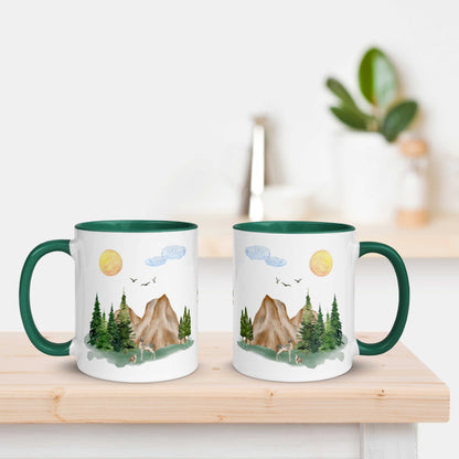 Ceramic Mug featuring a nature scene with trees, mountains, and a deer.