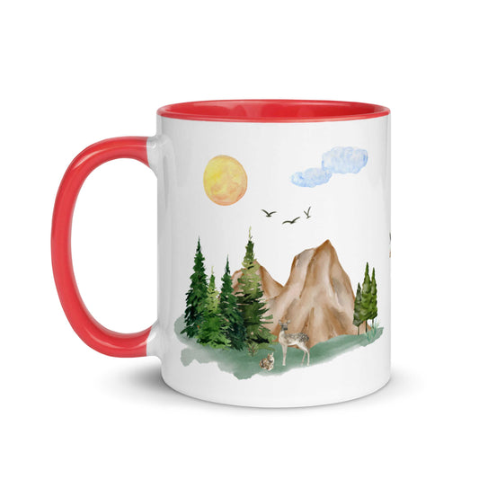 Ceramic Mug featuring a nature scene with trees, mountains, and a deer.