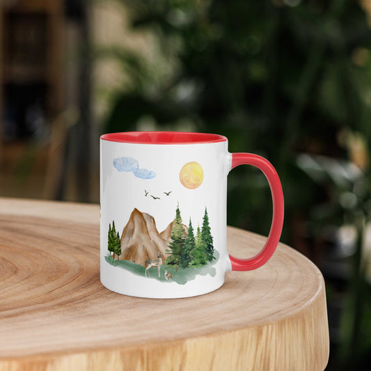 Ceramic Mug featuring a nature scene with trees, mountains, and a deer.
