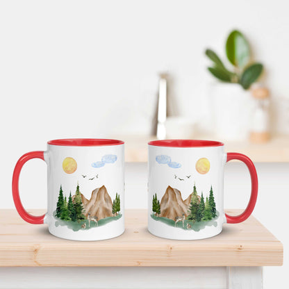 Ceramic Mug featuring a nature scene with trees, mountains, and a deer.