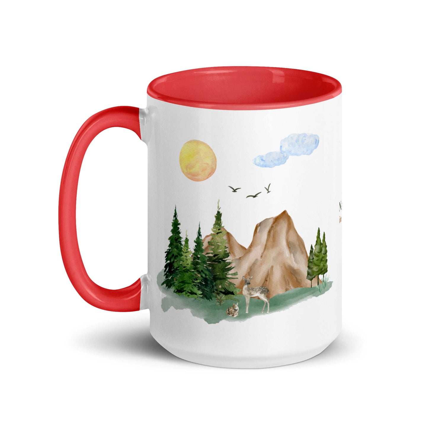 Ceramic Mug featuring a nature scene with trees, mountains, and a deer.