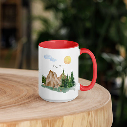 Ceramic Mug featuring a nature scene with trees, mountains, and a deer.