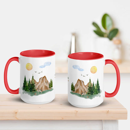 Ceramic Mug featuring a nature scene with trees, mountains, and a deer.