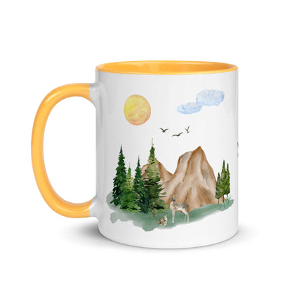 Ceramic Mug featuring a nature scene with trees, mountains, and a deer.
