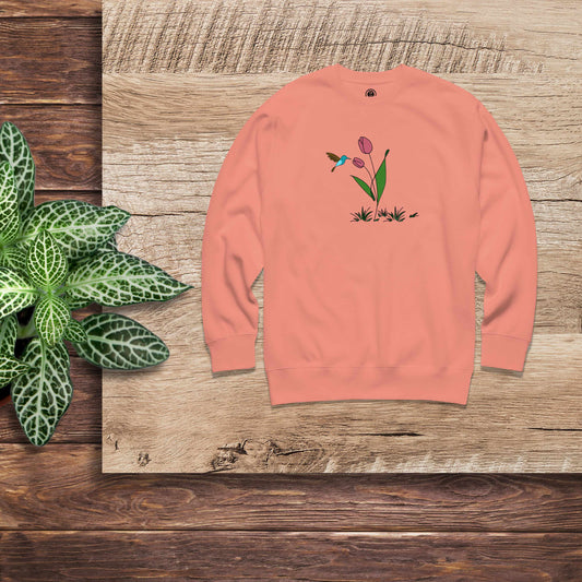 Fresh Feeling design captures a fleeting moment of harmony. Sweatshirt with a floral, hummingbird and tulip design. 