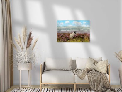 Living room with a sofa, decorative plants, and a wall art of a sheep in a field.