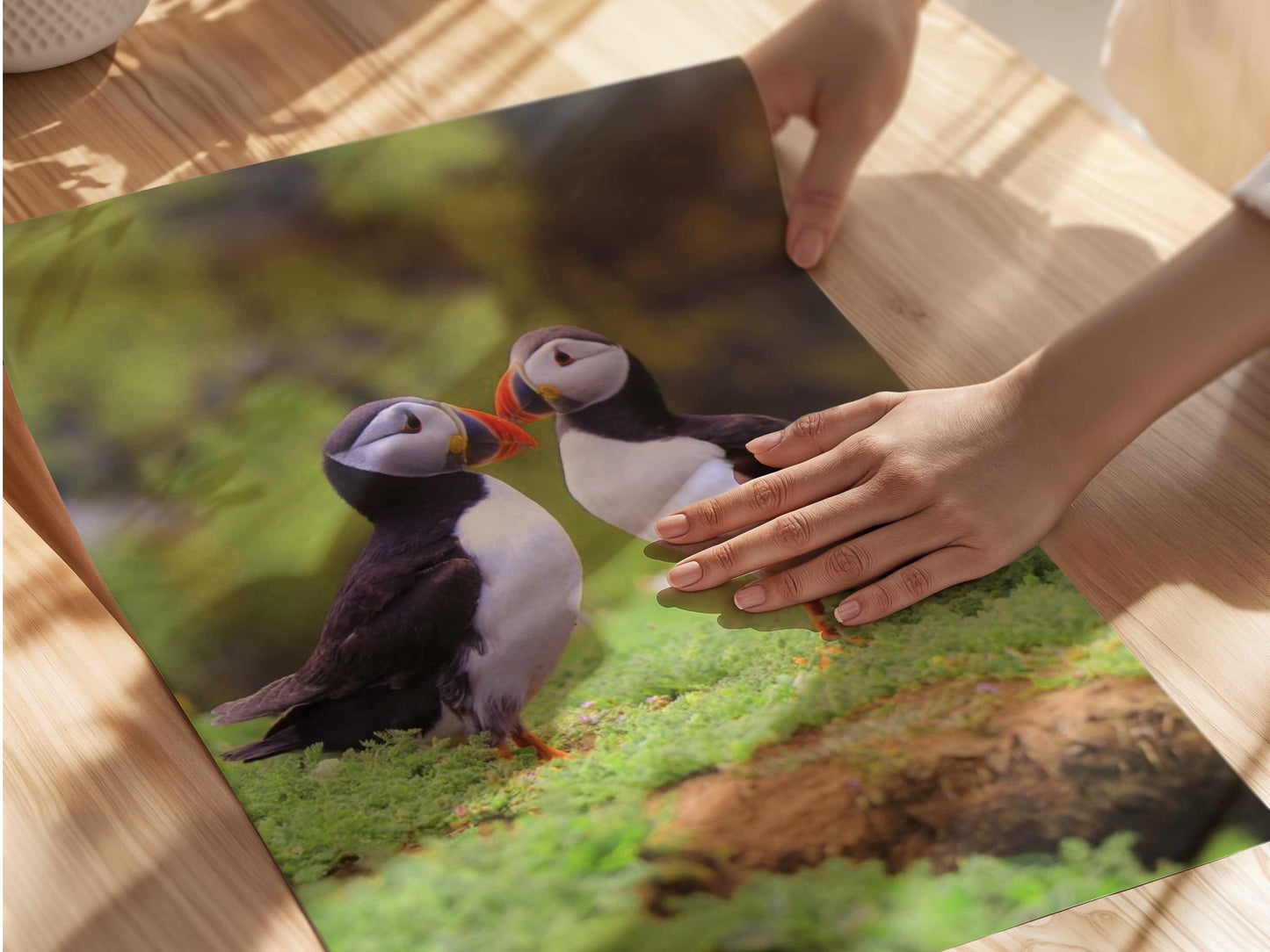 Two puffins seabirds standing on grass with a natural blur